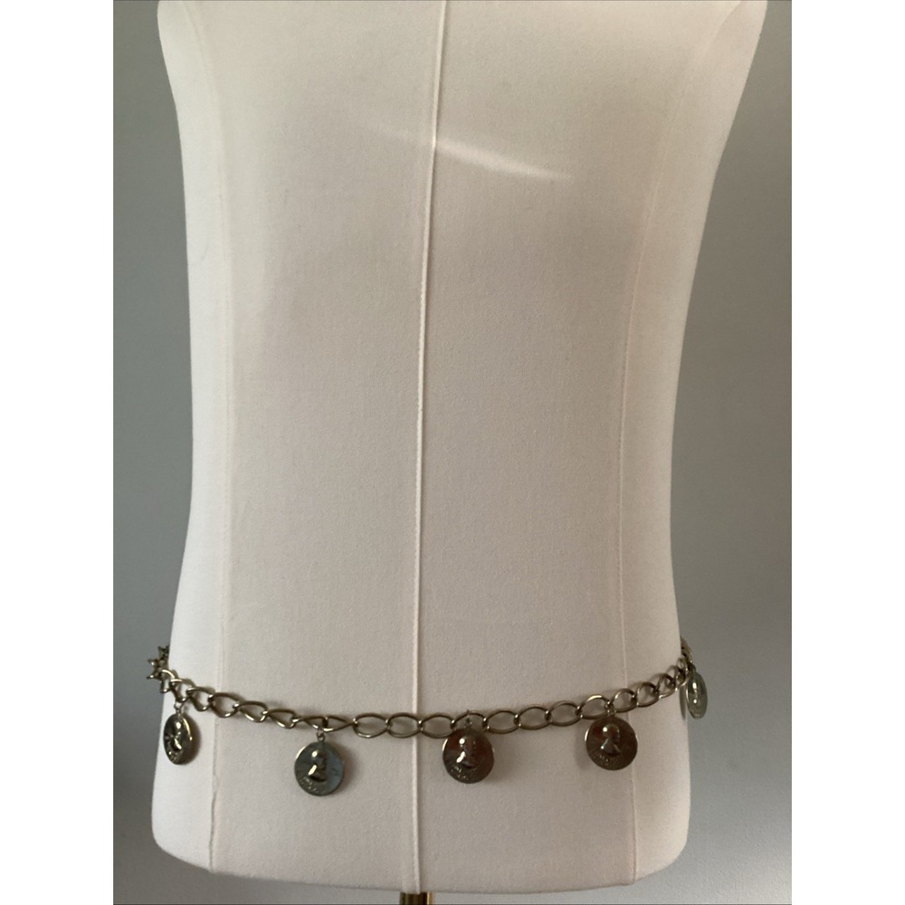Vintage 1970s Lucky Penny Coin Chain Belt Gold Tone Boho Hippie Costume Charm